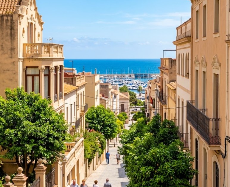 Vistas del paseo litoral, el puerto deportivo, la arquitectura y el entorno de El Masnou